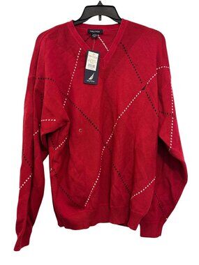 Nautica Red Argyle V-Neck Sweater XXL 100% Cotton New With Tags